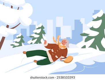 Mujer anciana que cae en el pavimento de hielo resbaladizo al aire libre en el fondo de la ciudad del invierno. La mujer mayor se resbaló en el hielo. Cae una mujer de cabello gris. Camino de invierno resbaladizo. Vector ilustración plana de dibujos animados.