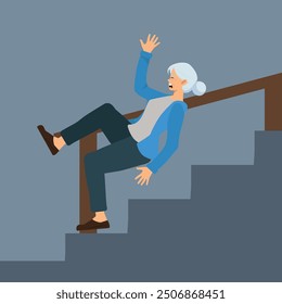 elderly woman falling from a staircase, domestic accident with elderly people, fractures and injuries. vector illustration.