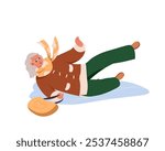 Elderly woman falls on slippery ice pavement or road outdoors. Senior woman slipped on the ice. Gray haired woman falls, waving her hands. Slippery winter road. Vector flat cartoon illustration.