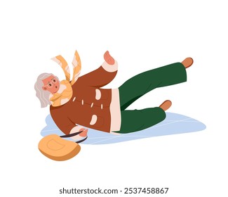 Elderly woman falls on slippery ice pavement or road outdoors. Senior woman slipped on the ice. Gray haired woman falls, waving her hands. Slippery winter road. Vector flat cartoon illustration.