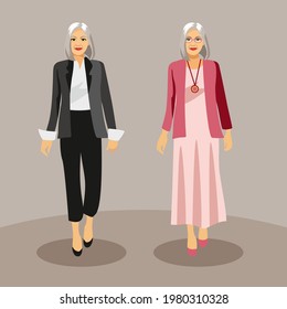 Elderly woman in fashionable clothes. Two characters on a monochrome background. Grandmother