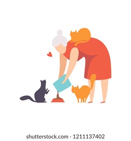 Elderly woman feeding her cats, , adorable pets and their owner vector Illustration on a white background