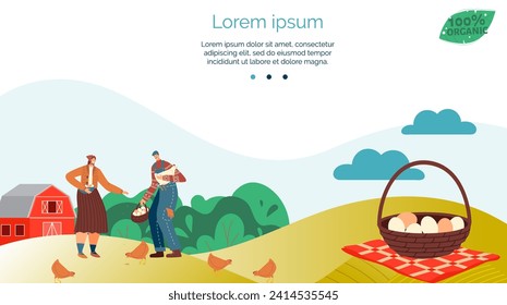 Elderly woman feeds chickens, young man carries eggs on farm. Rural lifestyle with livestock and fresh produce vector illustration.
