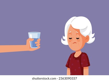 
Elderly Woman Feeling Thirsty and Tired Vector Cartoon illustration. Sad old lady being taken care of by her family 
