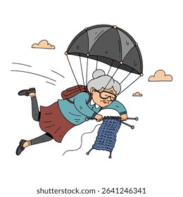 Elderly woman in flight, wearing a parachute, while knitting.  Cartoon style.