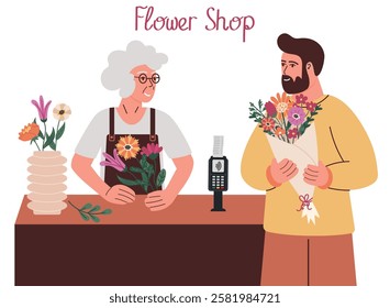Elderly woman florist selling bouquet to young man with beard. Flower shop vector illustration. Cartoon happy saleswoman or small business owner standing at table with flowers, flower pots on counter