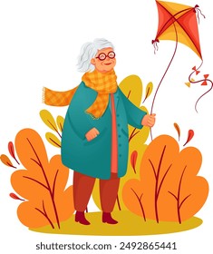 Elderly woman flying a kite, vector illustration in flat style. Cozy autumn illustration of an elderly woman having fun in her free time. A fun life after retirement