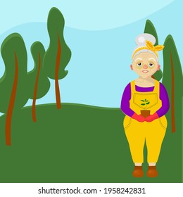 An elderly woman in the forest. Grandmother. Old woman character. Leisure of pensioners. Vector illustration