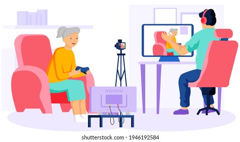 Elderly woman with gamepad in her hands speaks text to camera. Live streaming in recording studio