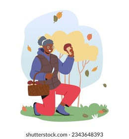 Elderly Woman Gathers Mushrooms In The Forest. Black Female Character Embracing Nature Bounty With Her Experienced Hands And A Heart Full Of Cherished Memories. Cartoon People Vector Illustration
