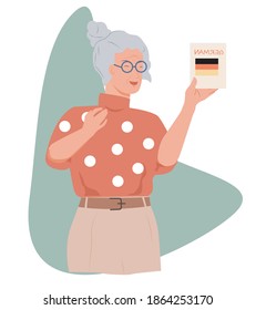 elderly woman, german teacher holding textbook, German courses and lessons online learning flat vector illustration