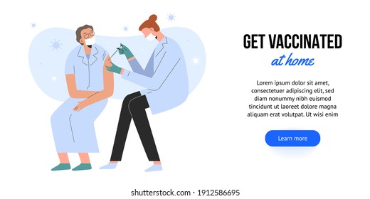 Elderly woman getting a covid vaccine shot at home, immunization against coronavirus infection. Web banner template. Medical nurse vaccinating a senior woman, vector illustration, cartoon characters