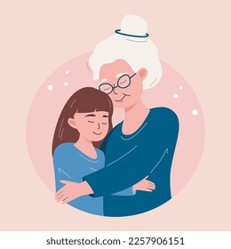 An elderly woman and a girl in arms. Happy granddaughter hugs her grandmother. Greeting card for Grandparents' Day. Flat cartoon vector illustration.