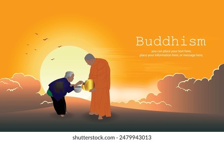 Elderly woman giving alms in the morning, golden yellow sky and clouds vector illustration background - Magha Puja, Asanha Puja, Vesak Puja Day