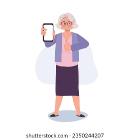 Elderly Woman Giving Thumbs Up as Approval to Smartphone. Elderly Woman with Smartphone Illustration.