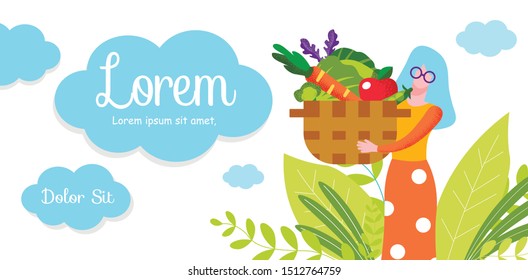 Elderly Woman with Glasses Basket Vegetables. Inscription on White Background. Grow Organic Vegetables and Fruis. Vector Illustration. 