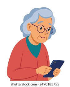 Elderly woman with glasses using smartphone. Old person messaging. Vector illustration