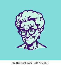 Elderly woman with glasses. Vector illustration on blue background. Logo Design Template