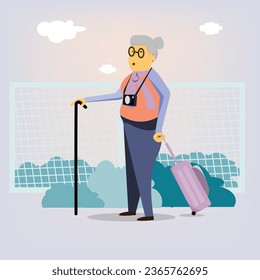 An elderly woman go to airport with trolley bag. vector illustration of mature traveller design concept.