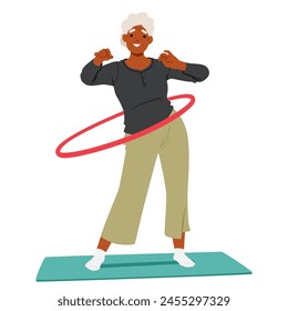 Elderly Woman Is Gracefully Hula Hooping On A Yoga Mat, Showcasing Her Balance And Flexibility. Character Twirls The Hoop Around Her Waist With Effortless Gestures. Cartoon People Vector Illustration