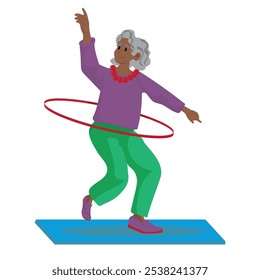 Elderly Woman Is Gracefully Hula Hooping On A Yoga Mat, Showcasing Her Balance And Flexibility. Character Twirls The Hoop Around Her Waist With Effortless Gestures. Cartoon People Vector Illustration.