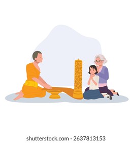 Elderly woman and grandchild offer a candle to a monk during a buddhist holiday. Buddhist Lent