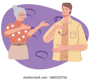 elderly woman, grandmother, talking to young guy, grandson, communication in sign language, deaf, hand gesturing, flat vector illustration