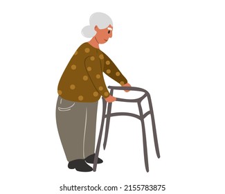 An elderly woman or grandmother walks with a walker. Problems with the movement of elderly people. Vector illustration
