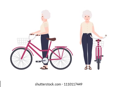 Elderly woman or granny standing beside bike with basket. Flat female cartoon character holding bicycle. Old happy bicyclist isolated on white background. Front and side views. Vector illustration.