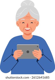 An elderly woman with gray hair and a cheerful expression engages with a tablet, radiating joy and connection in a bright, minimalistic style.