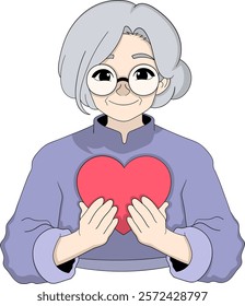 An elderly woman with gray hair and glasses, smiling warmly while holding a red heart, symbolizing love and care