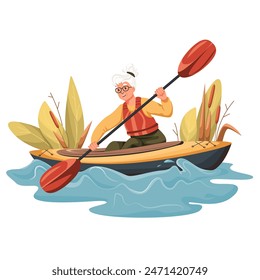 An elderly woman with gray hair rides a kayak, isolated on a white background. Flat modern fashionable style. Elderly active lifestyle concept.