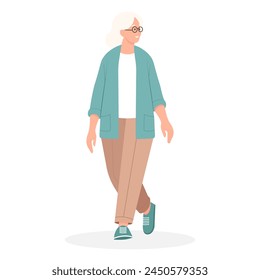 An elderly woman with gray hair walks and looks to the side. Vector flat illustration