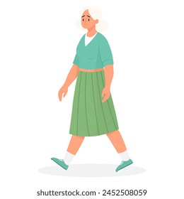 An elderly woman with gray hair walks. Vector flat illustration