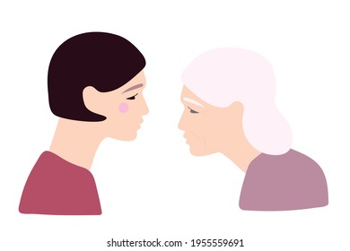Elderly woman with gray hair and wrinkles and her adult daughter. Flat vector illuctration. Caucasian Portraits in profile. Family, generation and people concept. Young girl and her old mother.