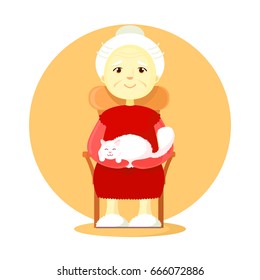 An elderly woman, a gray-haired pensioner with a cat on her knees, sits in her chair. Resting, cartoon style, flat.