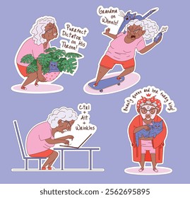 Elderly Woman in groovy poses. Actions, skateboarding, typing, cuddling a cat, and gardening. Text adds comic context. Cute cartoon style. Vector flat sticker illustration with isolated characters.