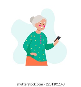 Elderly woman happily looking at smartphone. Senior people using smart devices. Isolated vector illustration