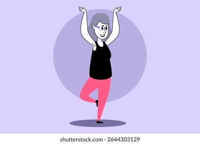 Elderly woman happily practicing balance exercises on one leg with her arms raised in vibrant purple background. Woman focused and engaged in her activity
