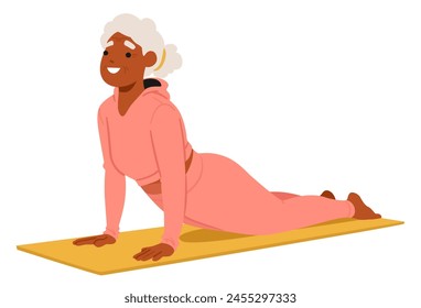 Elderly Woman Is Happily Practicing Yoga On A Mat, Black Aged Female Character In A Comfortable Pose or Asana, Embodying The Art Of Relaxation and Flexibility. Cartoon People Vector Illustration