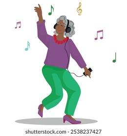 elderly woman happy and dancing listening to music on headphones from her cell phone. vector illustration.