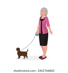 Elderly woman with happy smile walking with small brown dog on leash vector illustration