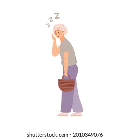 Elderly woman has dyspnea and breath difficulties while walking, flat vector illustration isolated on white background. Fatigue and deterioration of health in age.