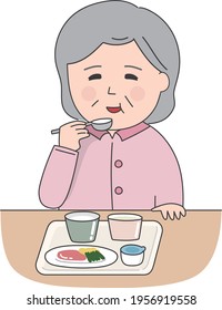 An elderly woman has hospital meals. Vector illustration isolated on white background.