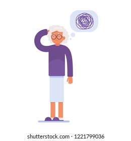 an elderly woman has memory problems. a tangle of thoughts over her head. vector illustration of medical content