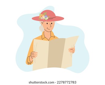 Elderly woman in a hat holding a newspaper or a map. Vector isolated flat illustration.
