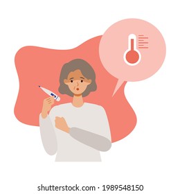 Elderly woman having fever after getting her COVID-19 vaccine. Concept for side effects of coronavirus vaccine. Flat vector illustration.