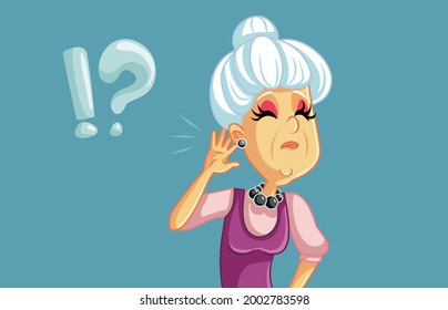 Elderly Woman Having Hearing Problems Vector Illustration. Senior retired grandpa having signs of deafness due to the aging process
