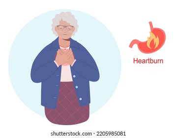 Elderly Woman Having A Heartburn Or Stomach Problem And Suffering For This.  Stomach Acid Reflux Disease And Digestive System Problem.  Flat Vector Illustration