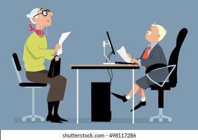 Elderly woman having a job interview with a hiring manager, looking like a little boy, EPS 8 vector illustration, no transparencies